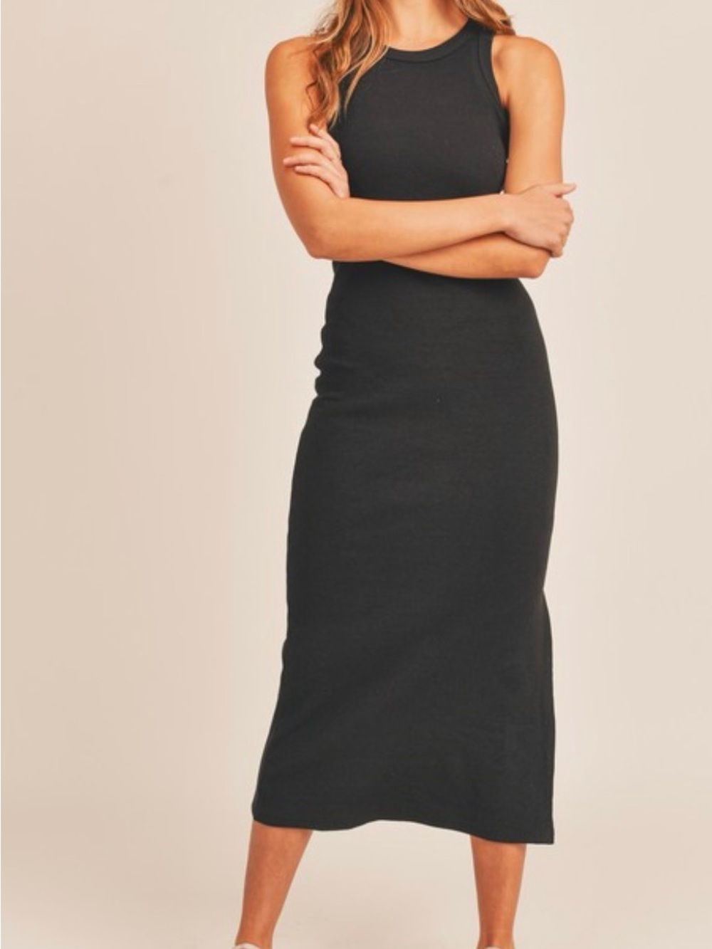 Sleeveless Super Stretchy Bodycon Ribbed Midi Dress in Black - Picture 5 of 6